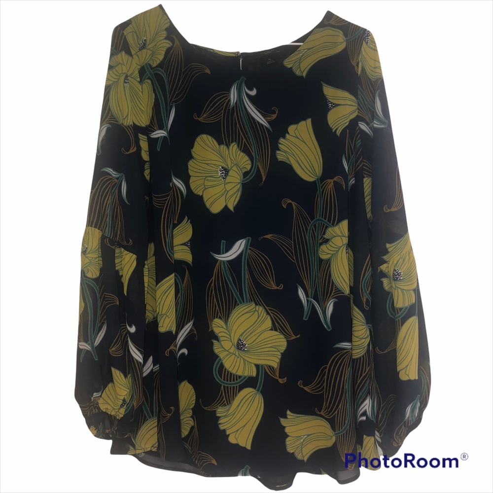 Ann Taylor Factory Black Blouse with Yellow Floral Print